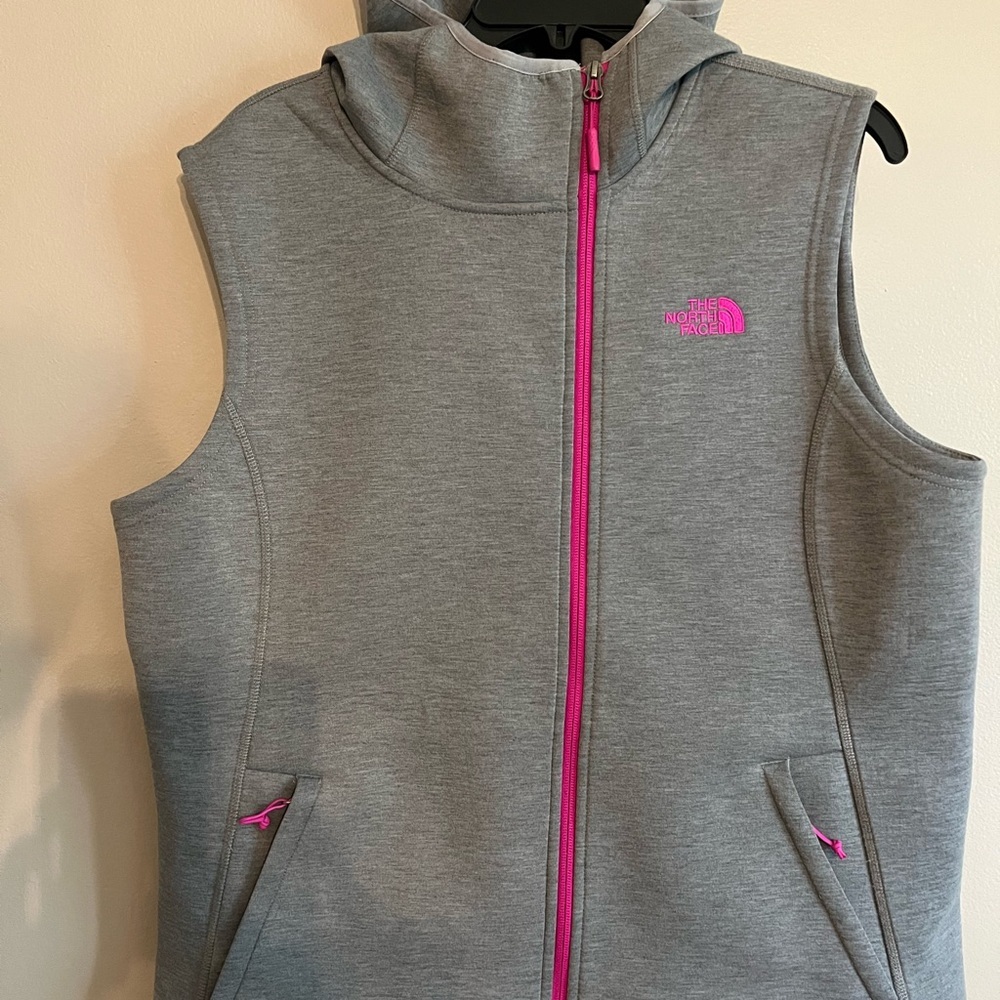 The North Face Gray Hooded Vest with Pink Trim